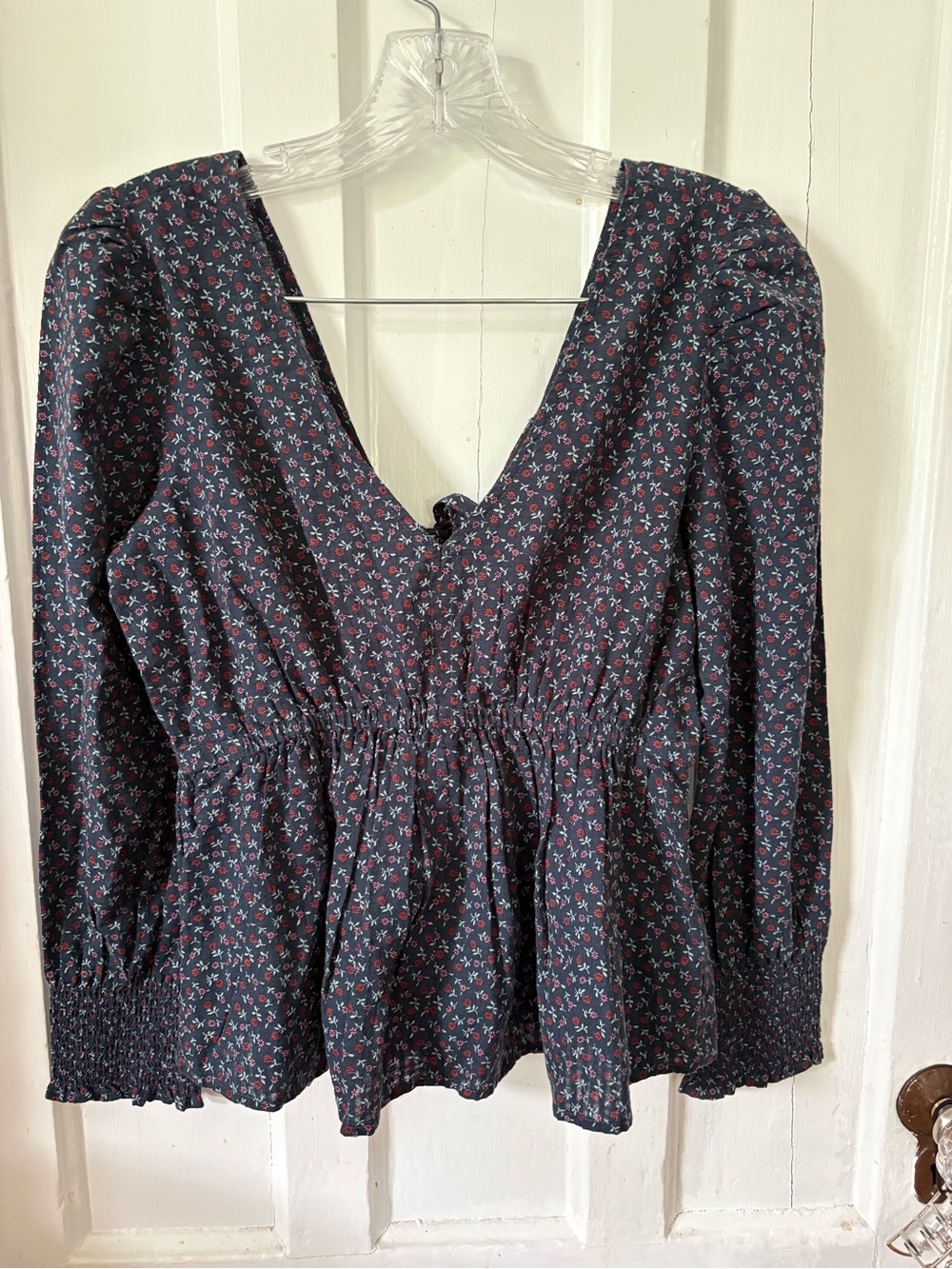 Madewell Navy Floral Peplum Top with Smocked Waist